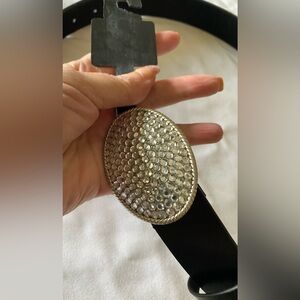 NWT New York & Company Rhinestone Encrusted Buckle Black Leather Belt Size S